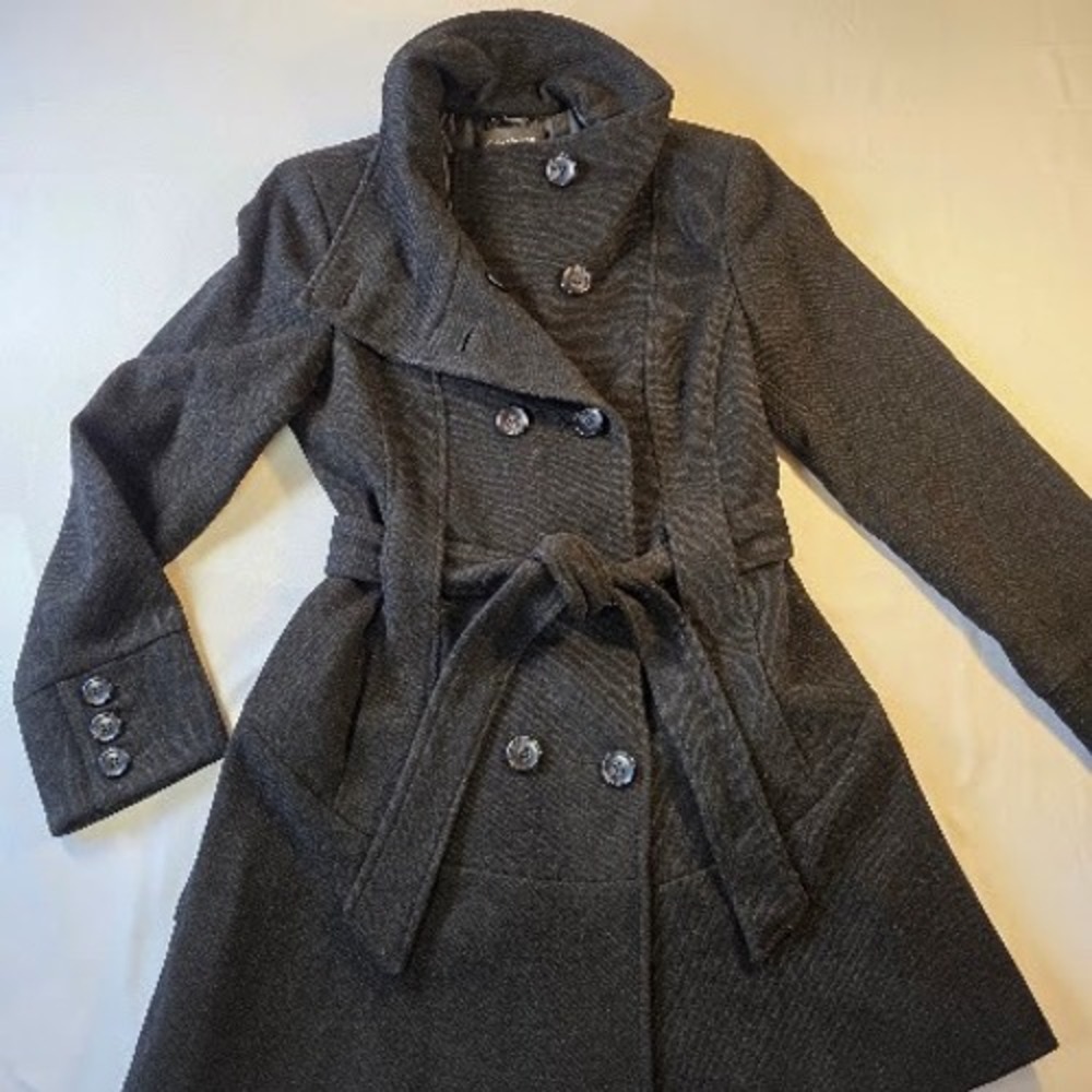 Jones New York Women Charcoal Gray Wool Blend Ruffle Back Pea Coat Size 10